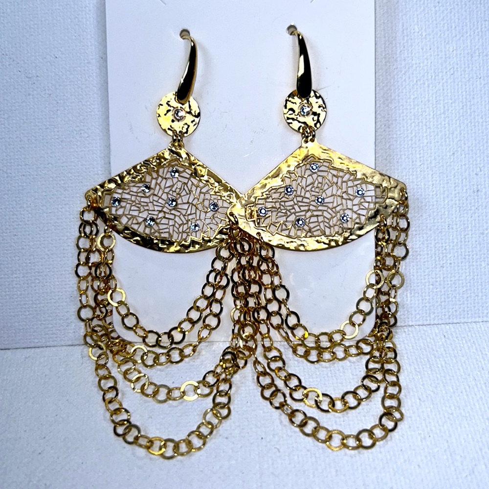 NWOT Statement Earrings Chains Crystals Gold Plated Chandelier Modern Bohemian